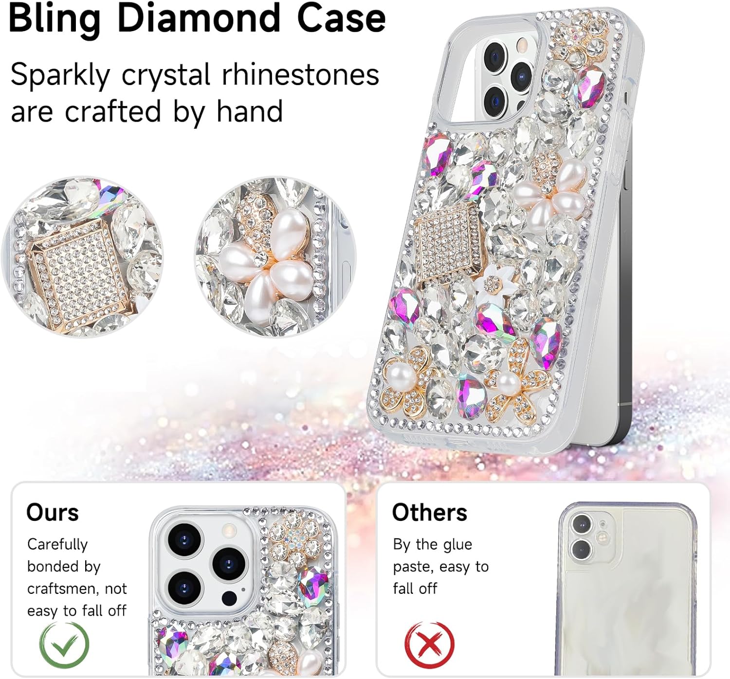 Losin Compatible with iPhone 13 Pro Max Bling Diamond Case Sparkly Crystal Rhinestone for Women Girls Fashion Luxury Glitter Shiny Gemstone 3D and Flower Gemstone Soft TPU Back Cover - Image 4