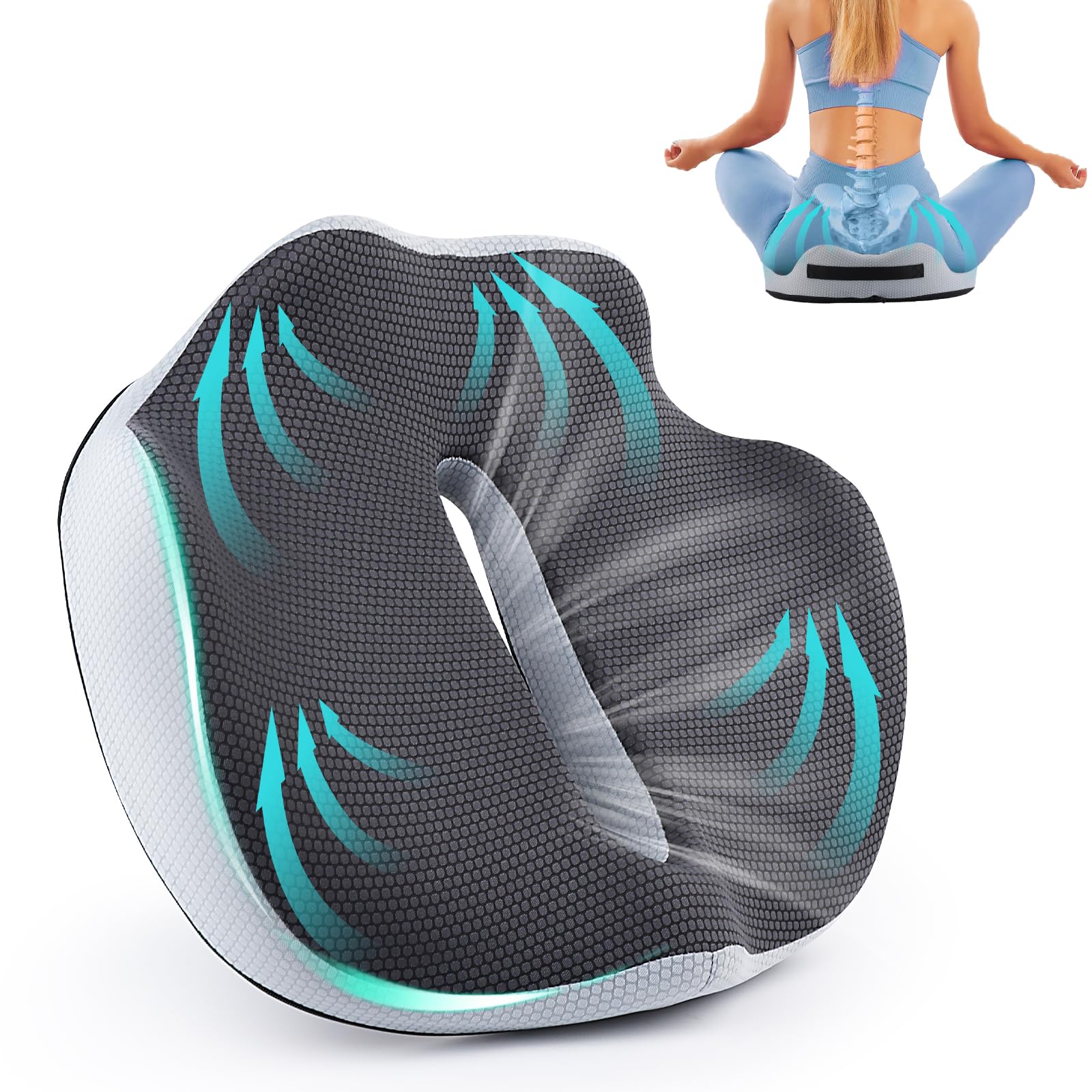 SWOUEKO Cojin Coxis Espuma de Memoria, Cojin Silla Oficina, Cojín de Asiento Ergonómico para Alivio de la Presión en Caderas, Cojin Antiescaras para Silla de Oficina y Ruedas, Asiento de Coche, Gris