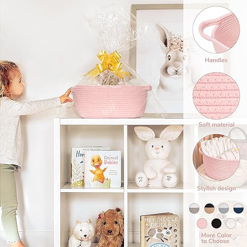 Miniatura 10 de Goodpick Cesta tejida pequeña, linda cuerda rosa, cesta de algodón para bebé, cesta de almacenamiento para habitación de guardería, caja de juguetes