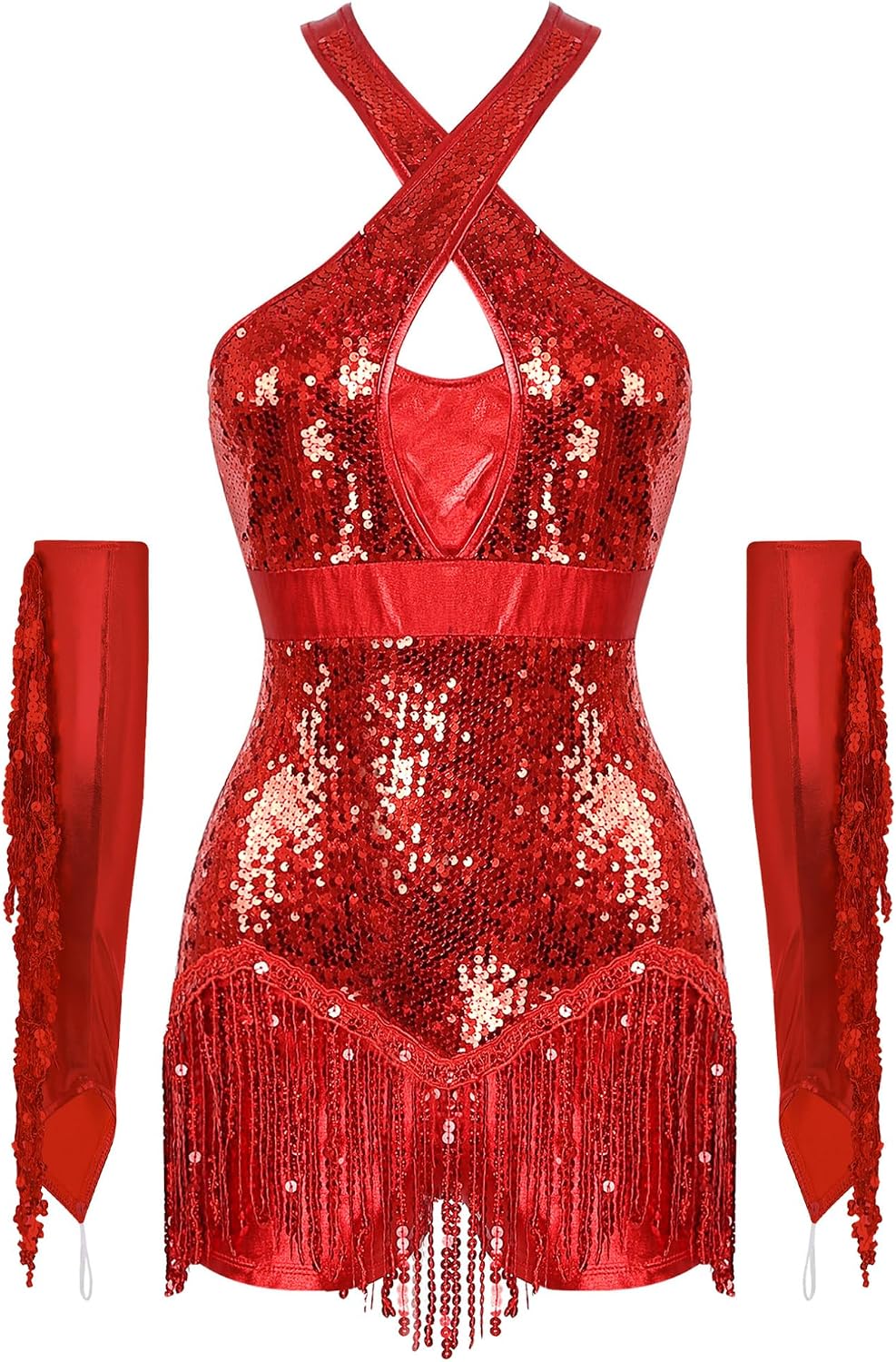 renvena Women's Sequins Salsa Tango Jazz Dance Bodysuit with Tassels Gloves Latin Cha-cha