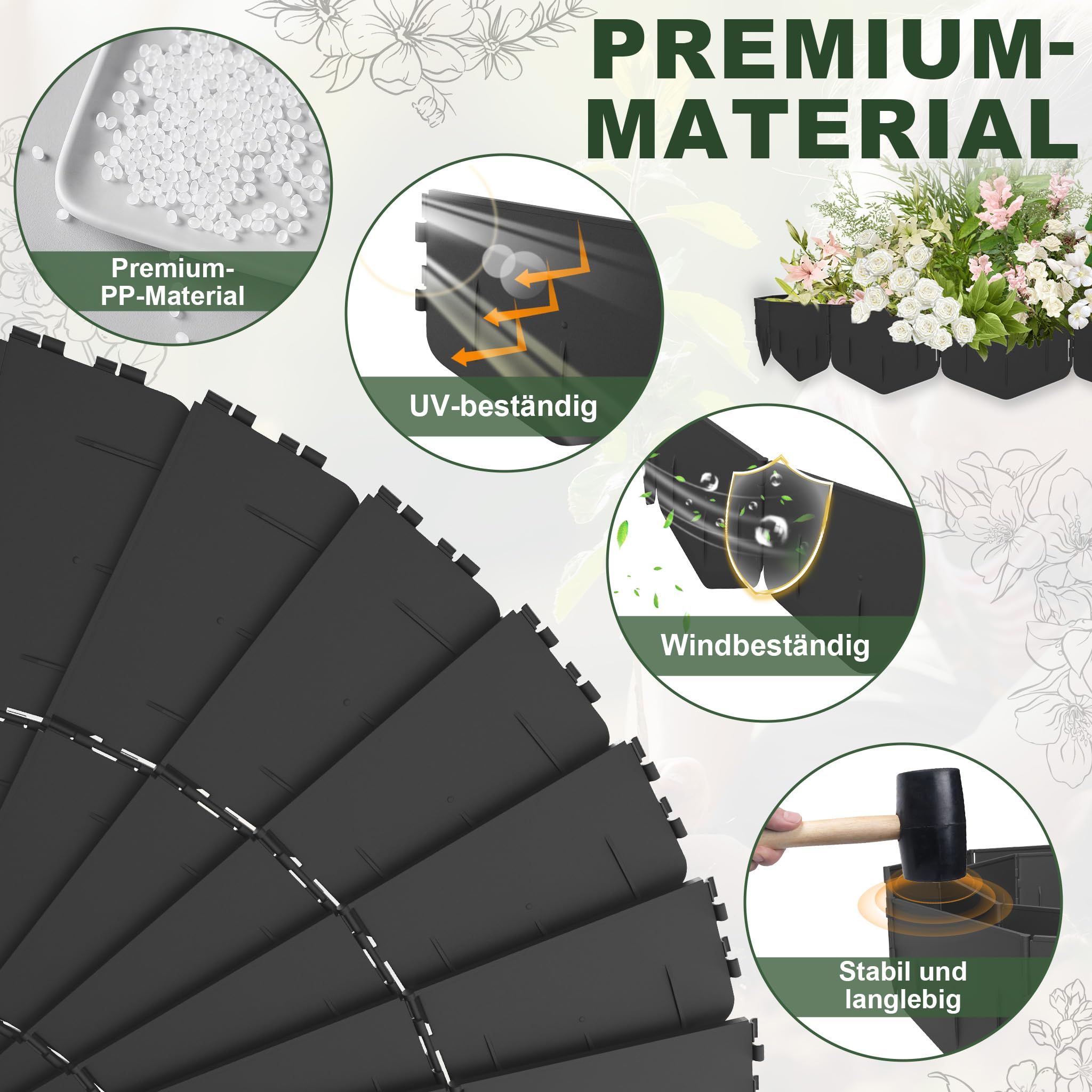 YRHome Bordo per prato pentagonale in plastica PP resistente alle intemperie, bordo flessibile per un facile montaggio senza scavo per prato, aiuole e vie, lunghezza: 8 m (40 pezzi)
