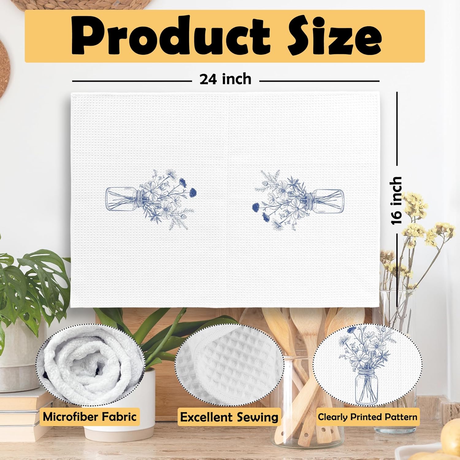 Vintage Blue and White Flower Botanical Kitchen Towels Set of 2, Cornflower Modern Line Drawing Floral Bouquet Hand Towel for Kitchen Bathroom, Spring Decorative Tea Dish Towels 16x24 Inch - Image 6