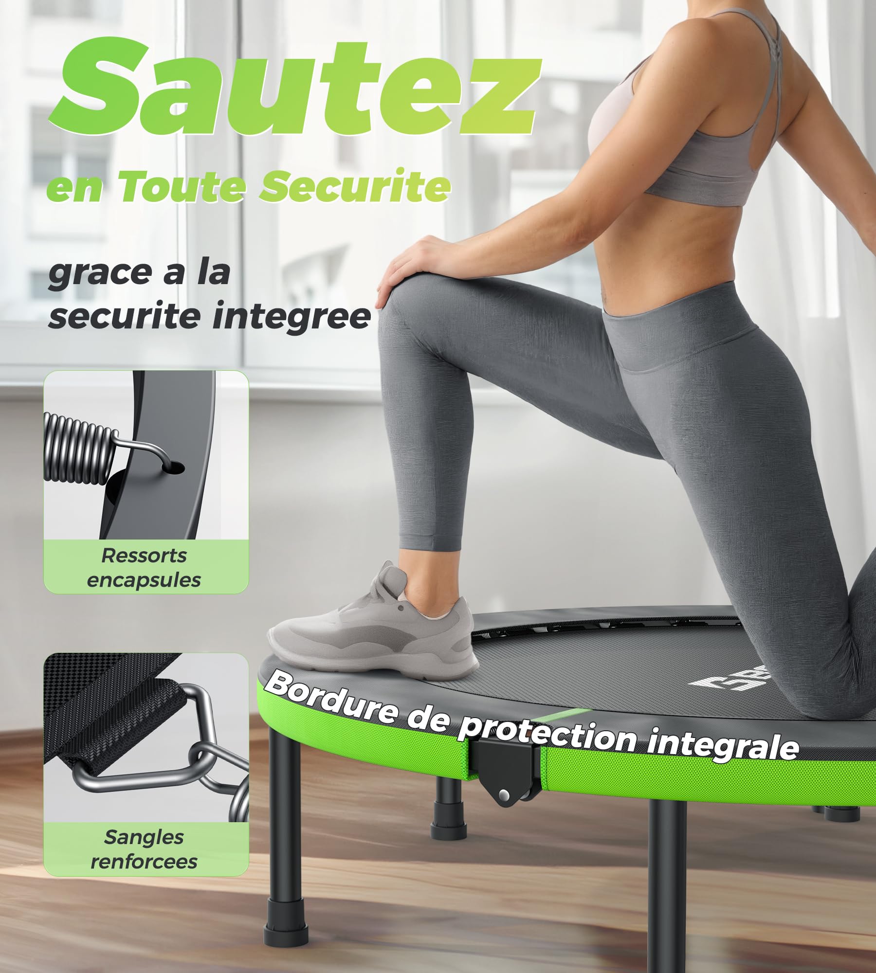 Trampoline d'intérieur BCAN, Mini-Trampoline de Fitness Pliable de 102 cm, pour Adultes, avec poignée réglable, Charge maximale de 150 kg, idéal pour l'entraînement à Domicile et Les.