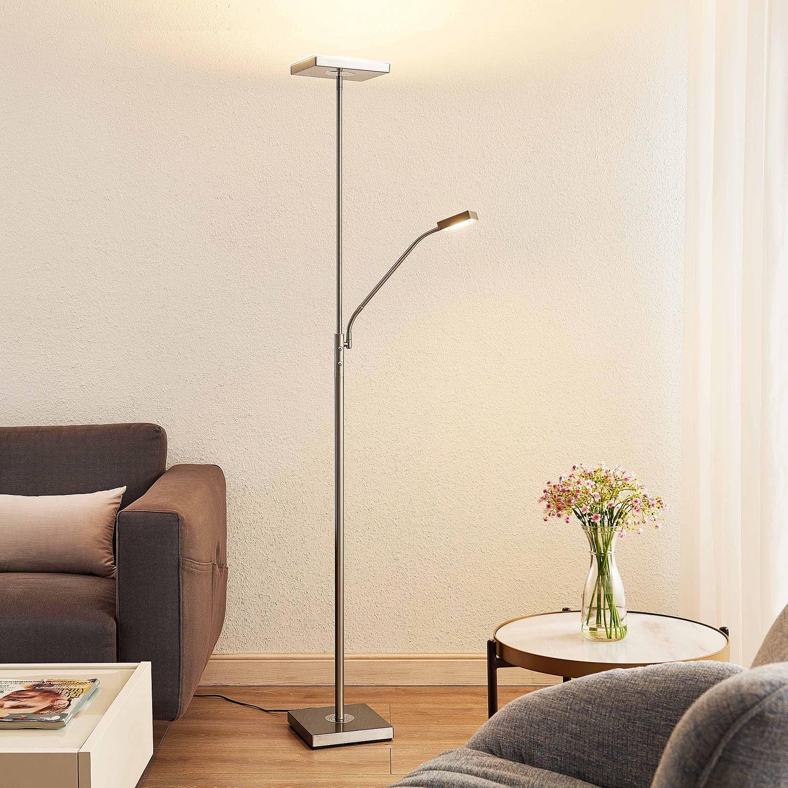 Lindby LED Stehlampe, Deckenfluter dimmbar verstellbarer Lesearm Standleuchte Metall Glas Standlampe Wohnzimmerlampe Leselampe