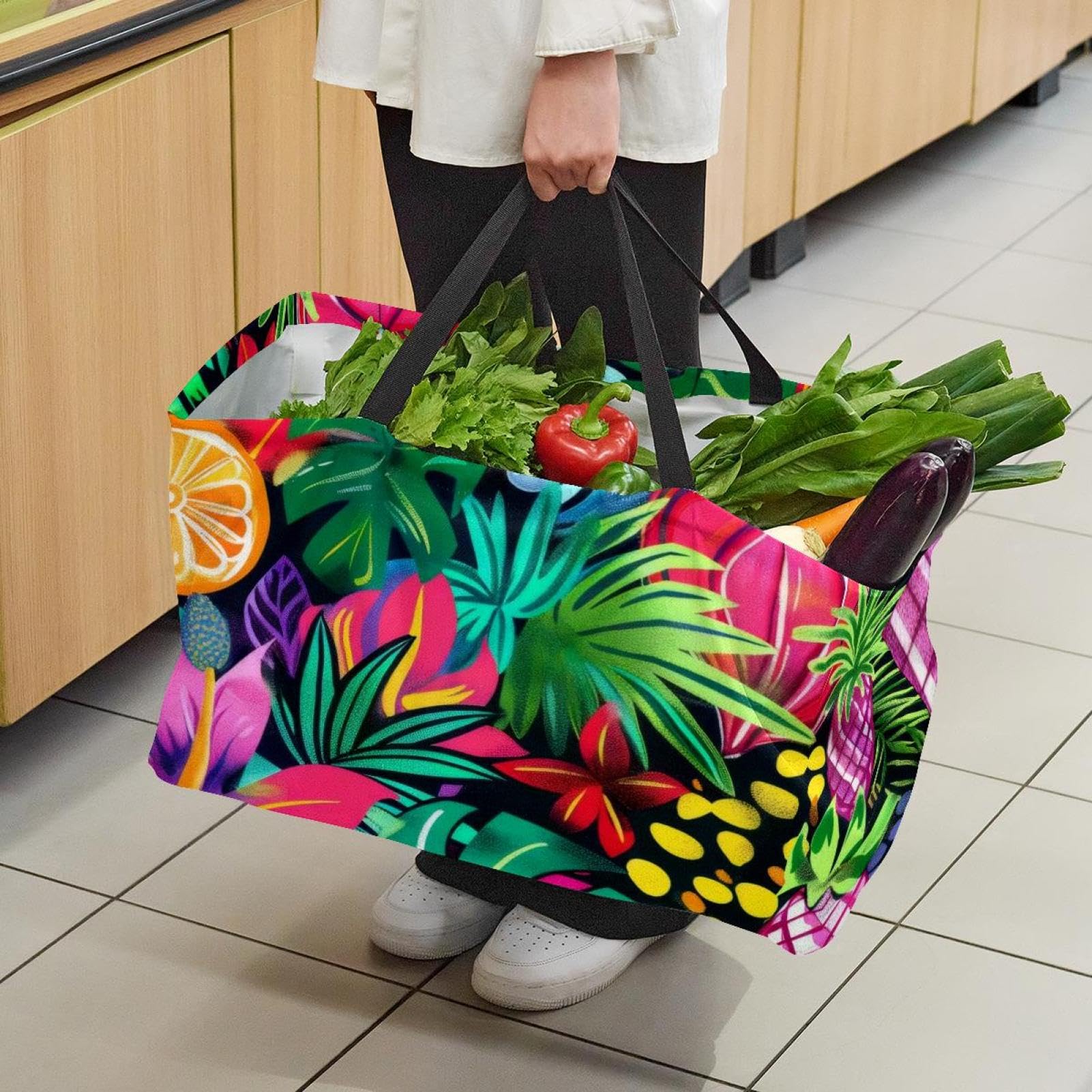 Grand sac de courses à motif tropical estival coloré, réutilisable, pliable et lavable pour la plage, le pique-nique, le camping, multicolore, 22.0x12.6x11.4 in/56x29x32 cm