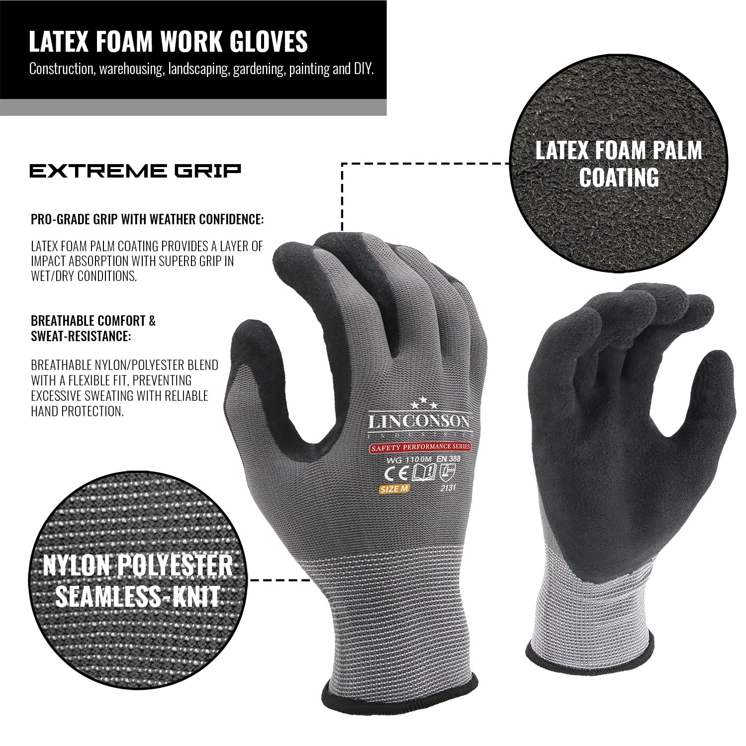 linconson 12 Pack Safety Performance Series Construction Mechanics Work Gloves (M (Pack of 12), Grey)