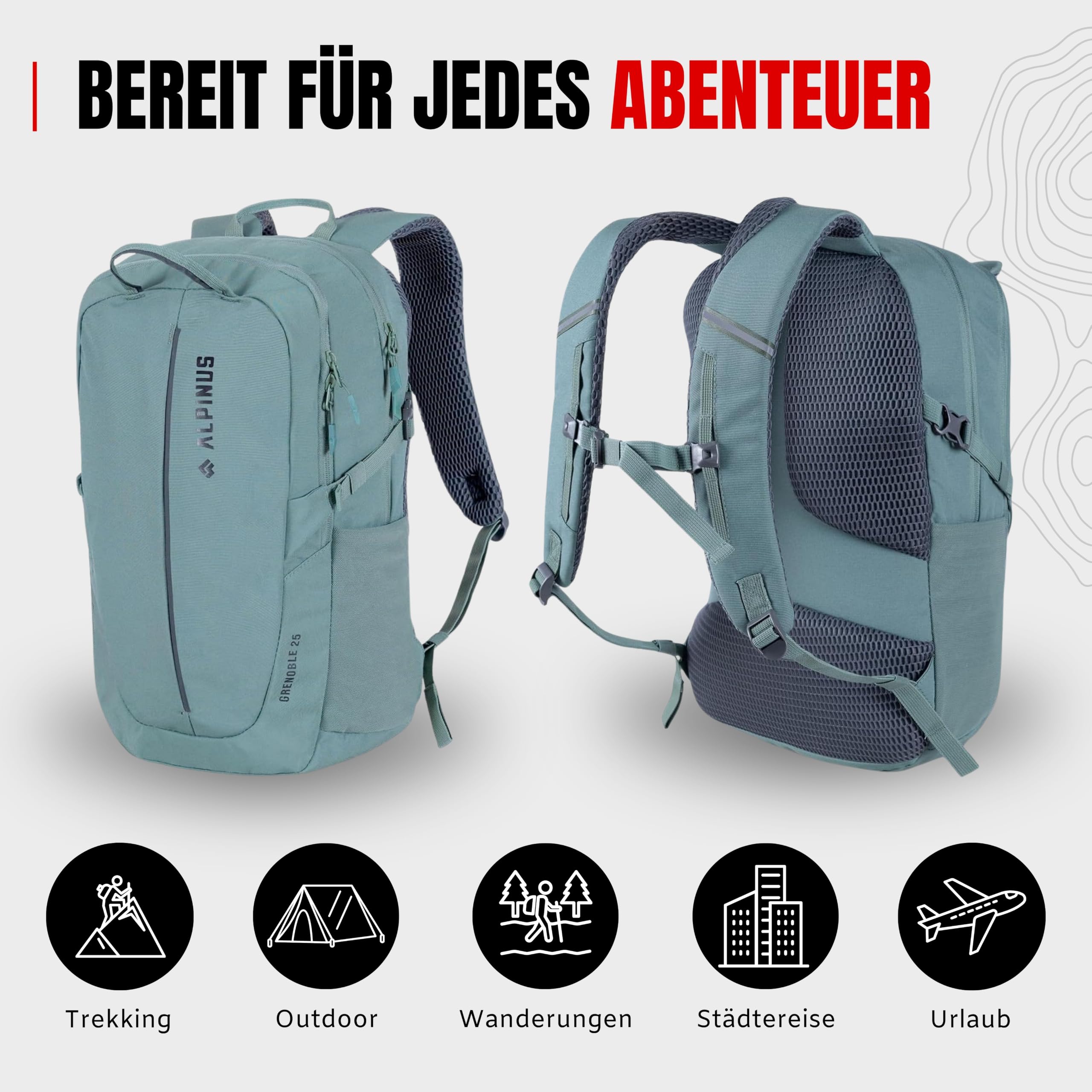 Alpinus - Wanderrucksack Grenoble 25 L, Rucksack Sport und Outdoor, Stadtrucksack Große Hauptkammer, Robustes Material, Backpacking Ergonomisch Geformte, Trekkingrucksack - Salbeifarben
