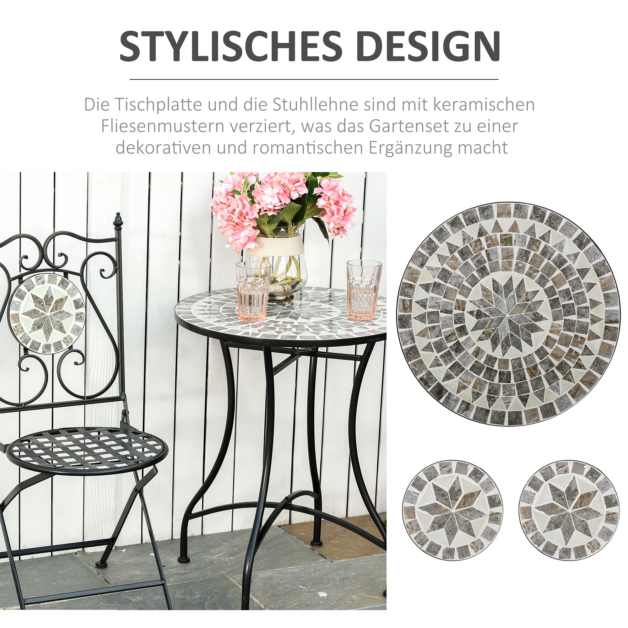 Outsunny Garten Sitzgruppe 3-teilige Mosaiktisch Essgruppe Gartenmöbel-Set Balkonmöbel Set 1 Tisch+2 Faltbare Stühle Garten Metall Keramikfliese Mehrfarbing