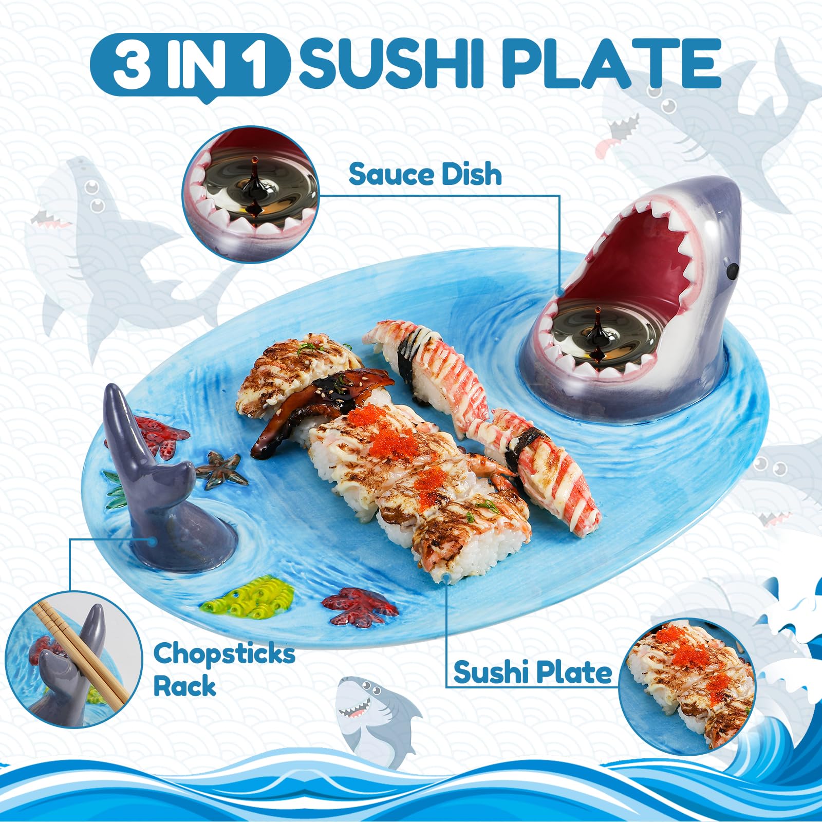 Shark Sushi Tablett, Upgraded 3 in 1 Shark Sushi Teller mit Essstäbchen, Shark Sushi Teller, Hai Teller mit Soßenfach, Lebensmittelechtes Material,