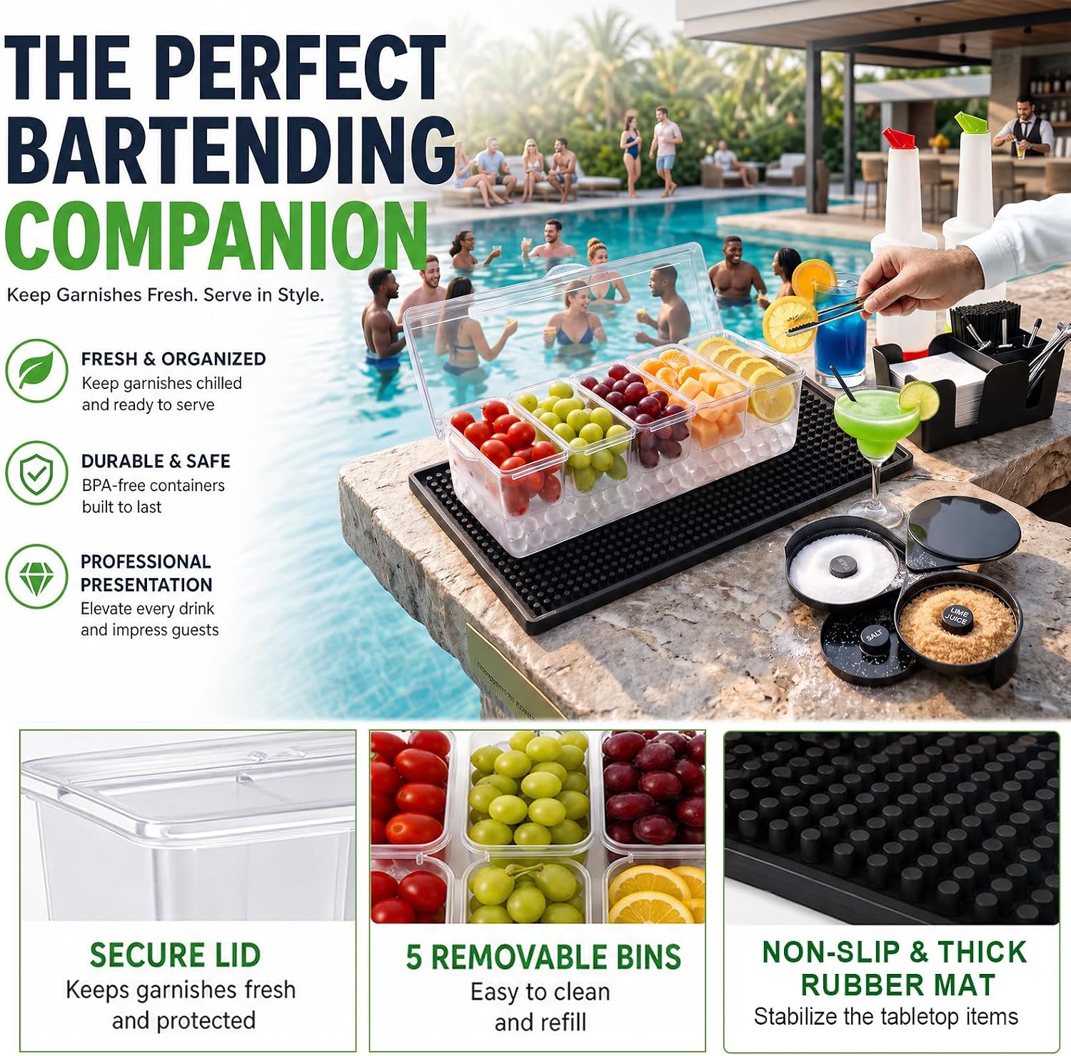 Bartending Supplies Kit: Garnish Tray for Bartenders with Lid, 18"x12" Bar Mat, 2 Plastic Juice Pour Bottles 3 Mini Tongs 12 Classic Liquor Bottle Pourers 500 Cocktail Straws