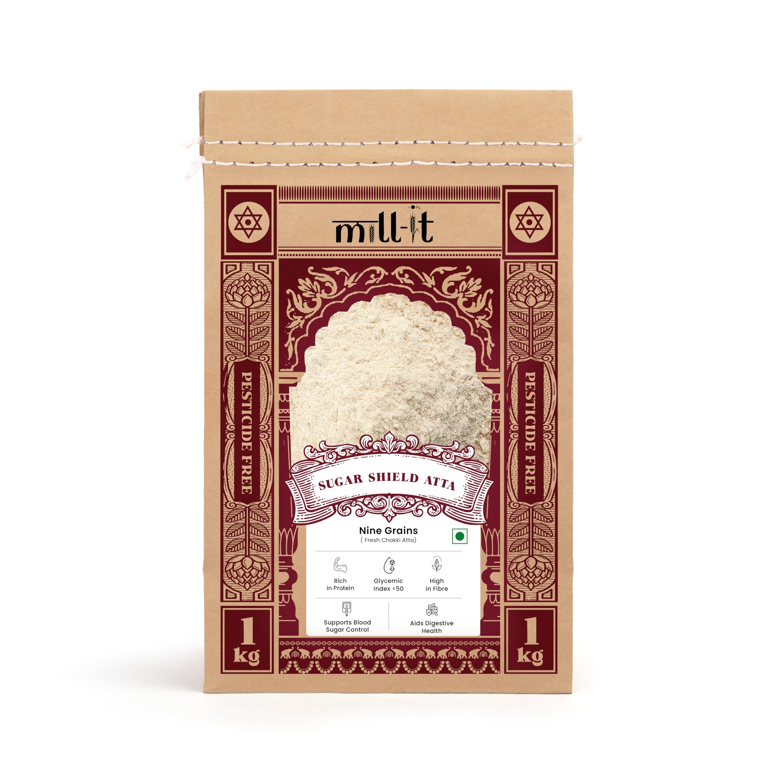 Mill-it Fresh Chakki Sugarshield Atta - 1kg ( Pack fo 2) | Chemical and Pesticide Free Nine Whole Grain Flour | Diabetic-friendly | Enriched with Methi goodness | Stone Cold Grinding | Ideal for rotis, Stuffed Paranthas, Pooris and diabetic-friendly Ladoos.