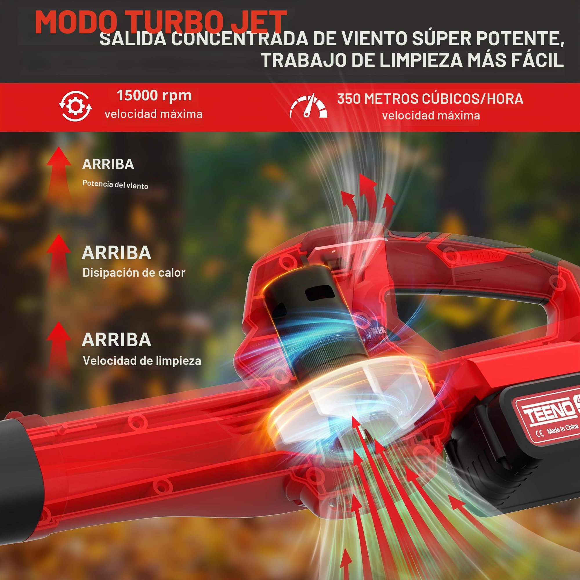 Soplador de Hojas TEENO Eléctrico, 6 Velocidades (210 km/h), 4Ah *2, Tubo Desmontable y Boquilla Ajustable, para Jardín, Hogar y Uso Profesional, Compatible con baterías Makita