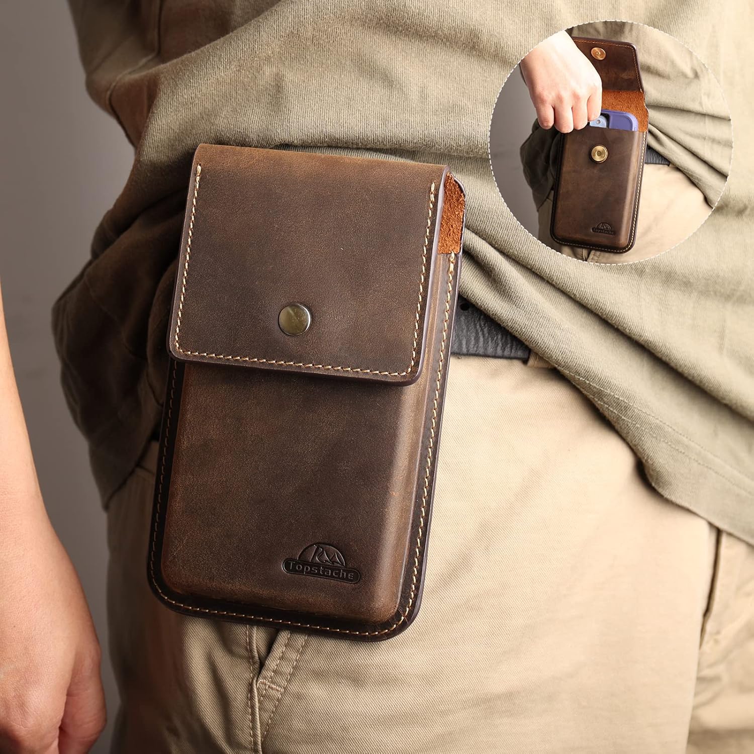 Topstache Leather Cell Phone Holster for Galaxy S25/S24/S23/S22 - Belt Clip Cell Phone Case for iPhone 17/16/15/14/13 - Magnetic Closure Leather Belt Holster Pouch for Men, L,Darkbrown - Image 2