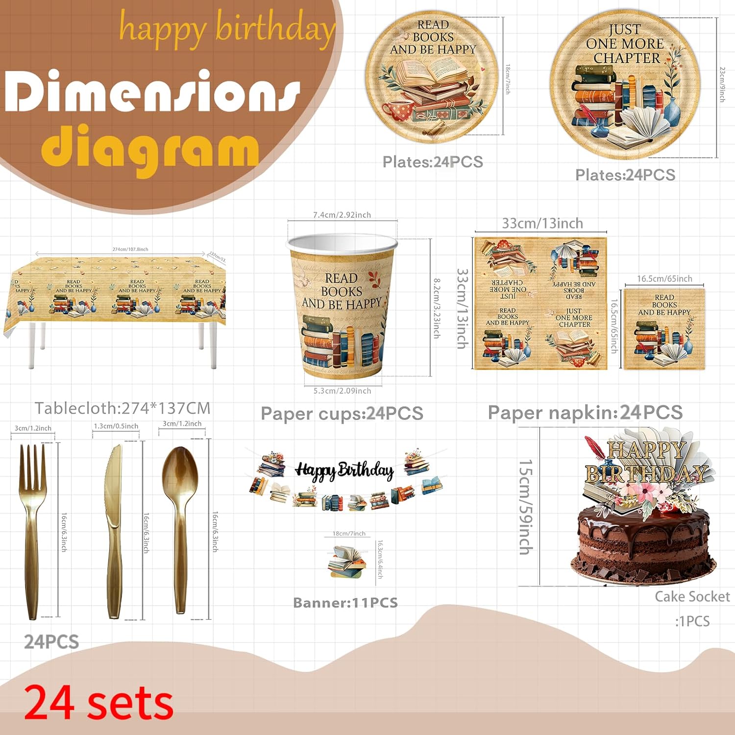 185pcs Book Themed Birthday Party Decorations for 24 Guests, Reading Theme Party Supplies with Plates, Napkins, Cups, Tablecloth, Banner, and Cutlery for Book Party Decorations