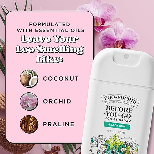 Miniatura 7 de Poo-Pourri Before-You-Go - Aerosol para inodoro, Beach Bum, tamaño de viaje de bolsillo de 1 onza líquida, coco, orquídea y praliné tostado