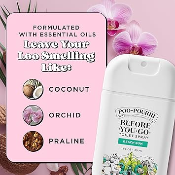 Poo-Pourri Before-You-Go Pocket Toilet Spray, Travel Essentials, Beach Bum, 1 Fl Oz, Up to 50 Uses, On-The-Go Bathroom Odor Deodorizer with Essential Oils, TSA Approved Size, Coconut Orchid Scent
