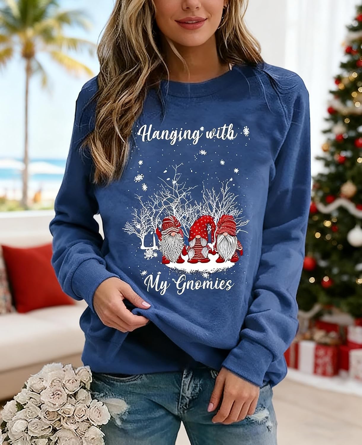 LLHXRUI Hanging With My Gnomies Sweatshirts Women Christmas Long Sleeve Pullover Shirts Funny Garden Gnome Graphic Tees Tops