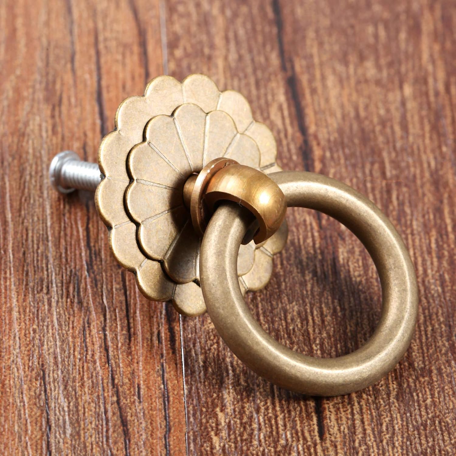 dophee 1PC Vintage Style Brass Ring Pulls, Round Cabinet Knobs Drawer Handles for Dresser Kitchen Cupboard Closet Door Furniture Hardware with Screws, Antique Brass