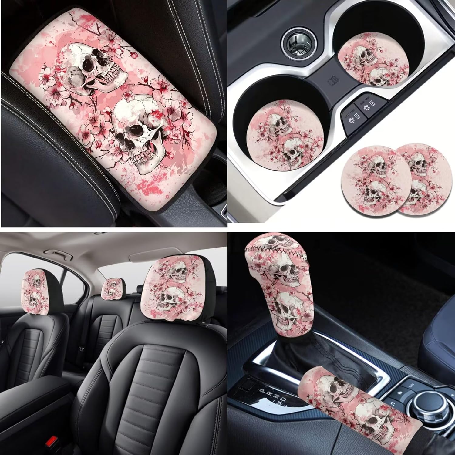 Skull Prined Car Seat Covers Full Set Cherry Blossom Car Accessories Set Car Front Rear Seat Cover with Steering Wheel Cover Seatbelt Car Interior Accessories for Deocr, 16 Pack