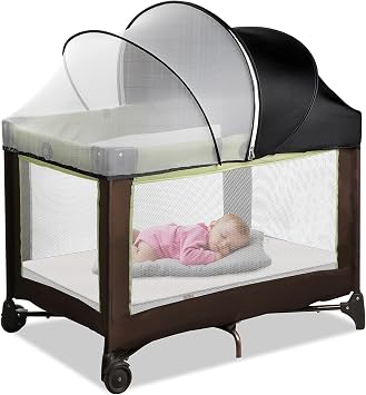 Pack N Play Tent Cover & Bassinet Canopy - Half-Blackout Breathable Mosquito Net with 2-Way Zipper for Bassinet, Travel Crib, Mini Crib & Playpen to Keep Cats Out Black-Large