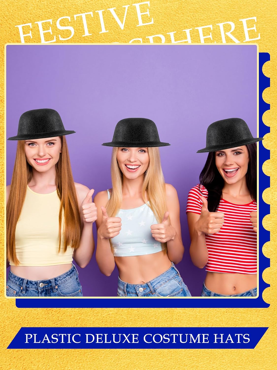 15 Pcs Black Glitter Bowler Hats Derby Bowler Hat Plastic Deluxe Costume Hats for Adults Kids Halloween Cosplay Party Costume Accessory - Image 5