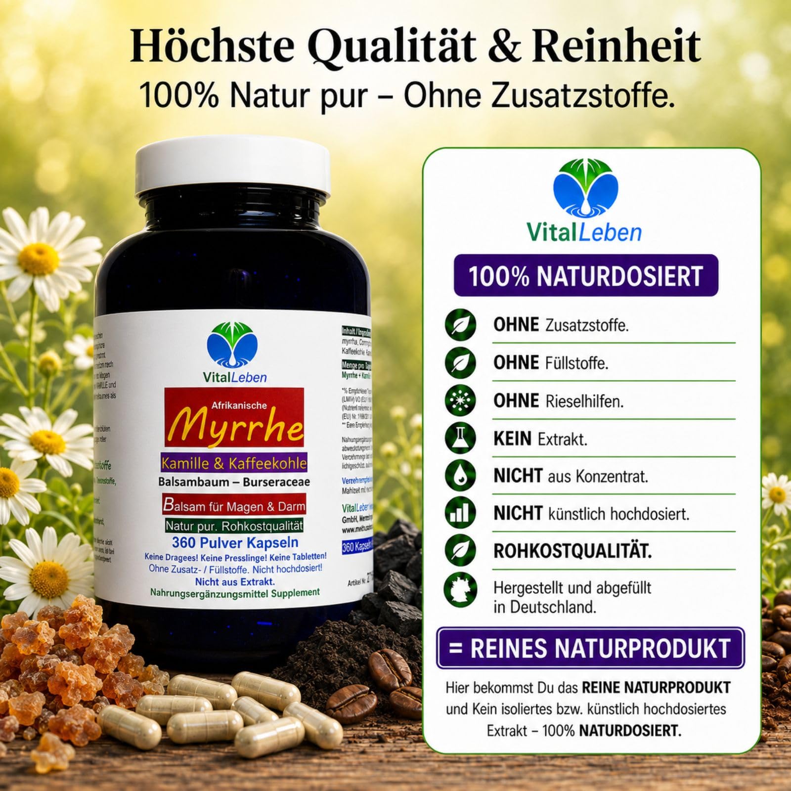 MYRRHE + KAMILLE + KAFFEEKOHLE 1080 Pulver Kapseln (3x360) für den gestressten Darm nach AYURVEDA und Hildegard von Bingen - NATUR pur - OHNE ZUSATZSTOFFE [18 Monate] 27160-7