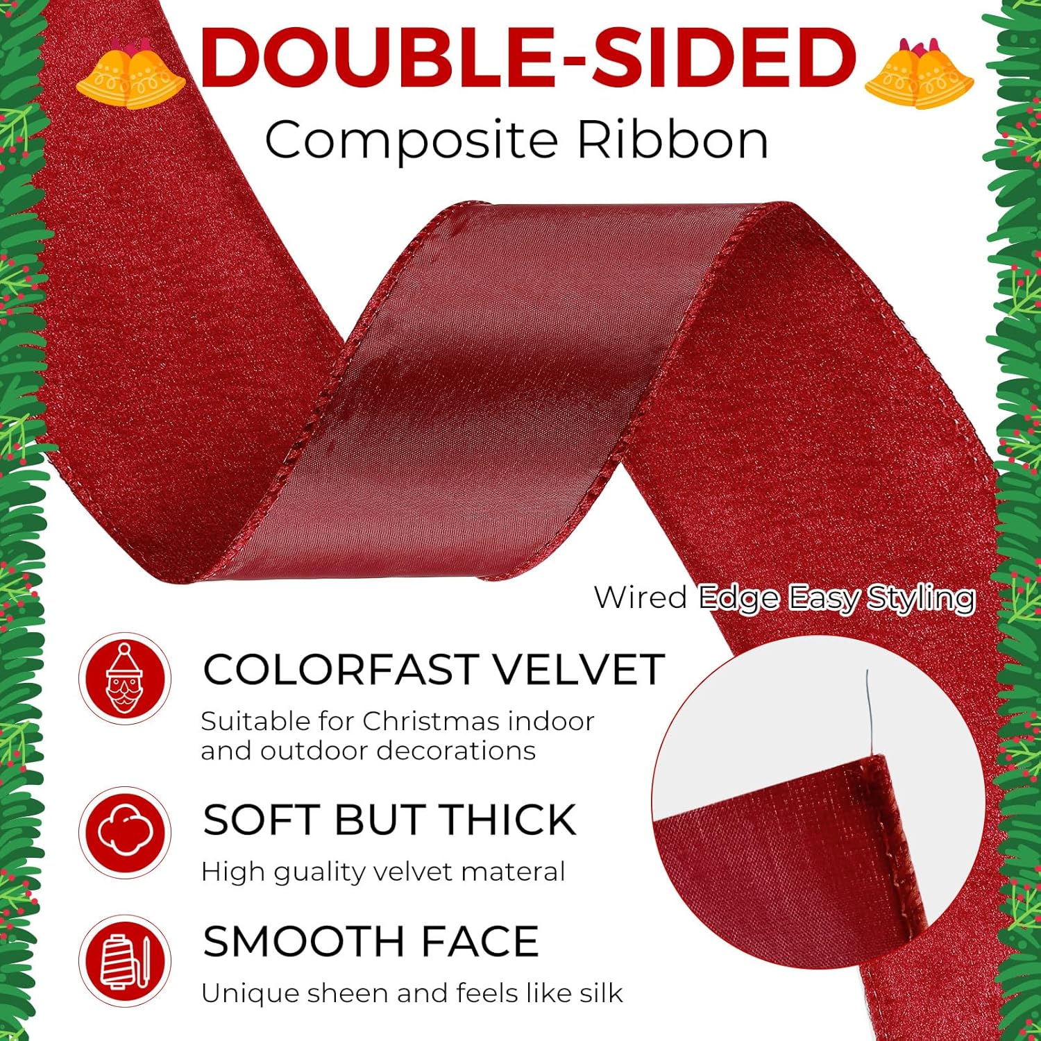 Threehoney Red Velvet Ribbon Wired 2.5 Inch x 30 Yards Double Sided Wide Velvet Ribbon for Christmas Tree Garland Crafts Wreaths Supplies Home Outdoor Decor Gift Wrapping Party Decoration