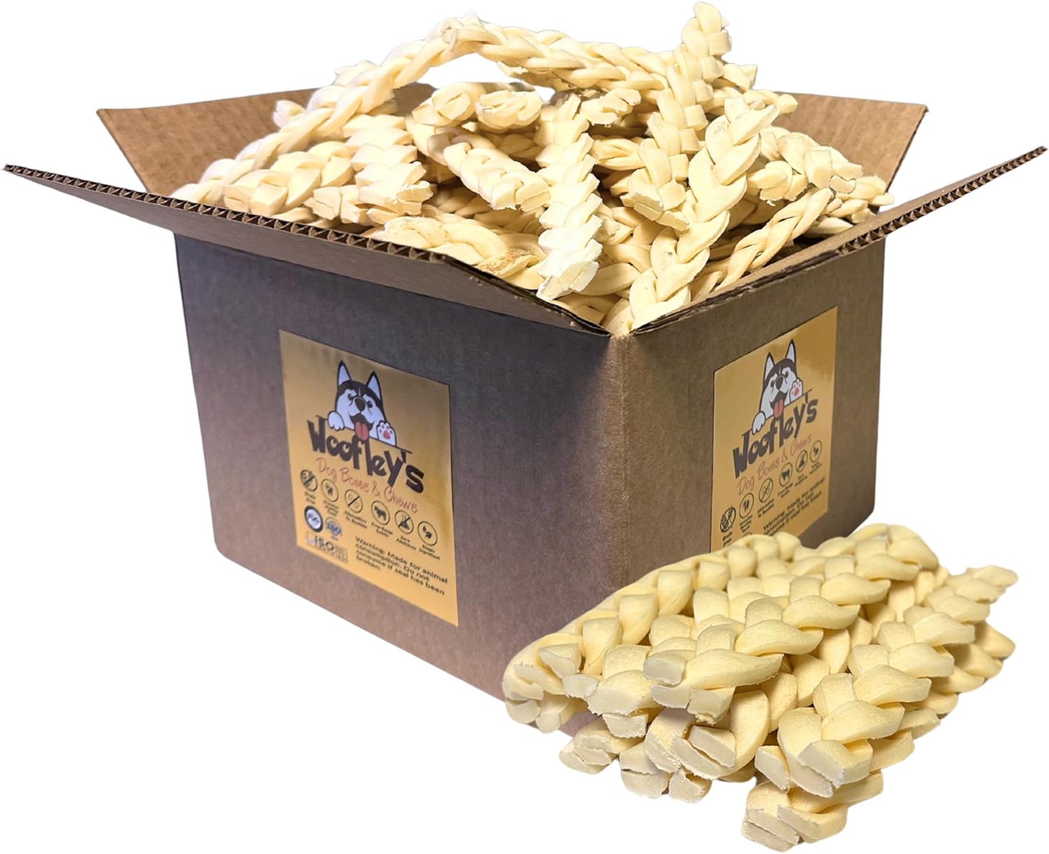 Woofley's 6" Buffalo Beef Cheek Braids Regular - (50 Count)- Beef Cheek Dog Chews - No Hide Bones for Dogs