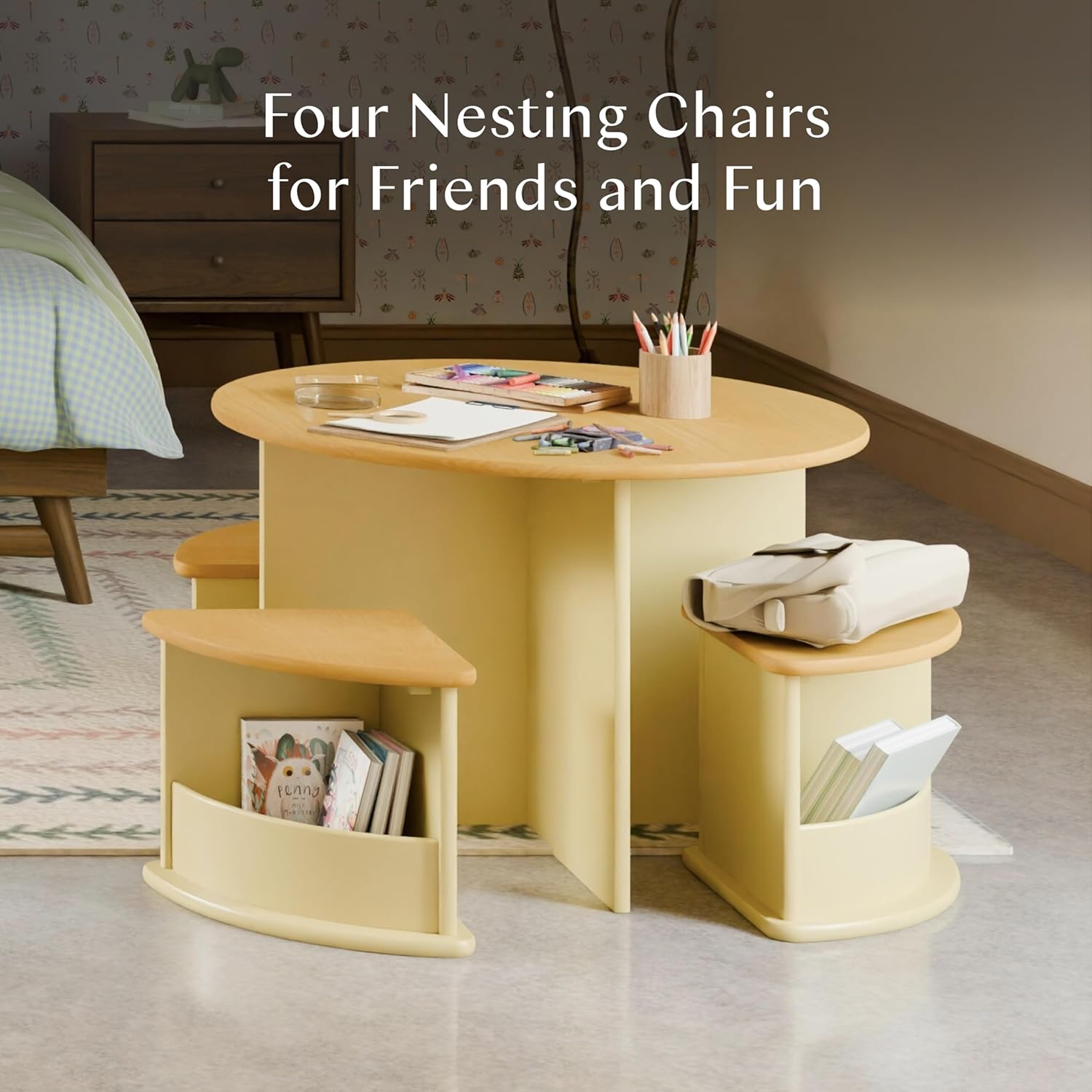Babyletto Kids Nessa Nesting Play Table and Chair Set in Pale Yellow and Honey, Recommended for Ages 5-8