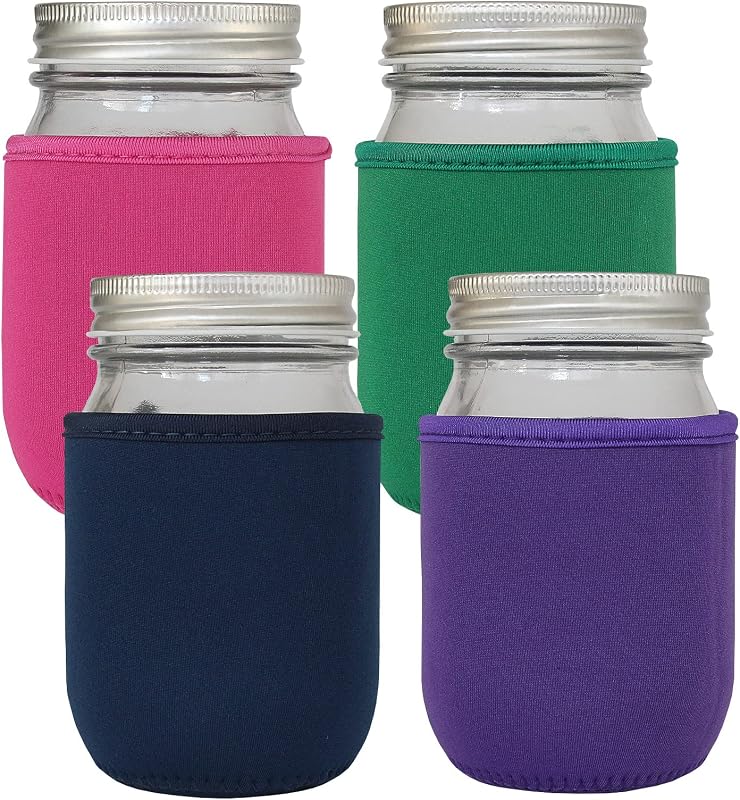 16oz Mason Jar Sleeve, 4 Pcs Insulated Cozy Neoprene Canning Cover fits 16oz and 24oz Wide Mouth Mason jars(Colorful)