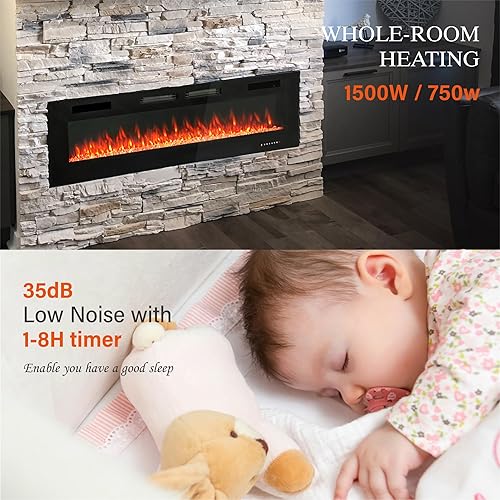 Miniatura 7 de GREEN PARTY Chimenea eléctrica de 72 pulgadas, empotradamontada en la pared, ultrafina, calentador de chimenea lineal de bajo ruido con control