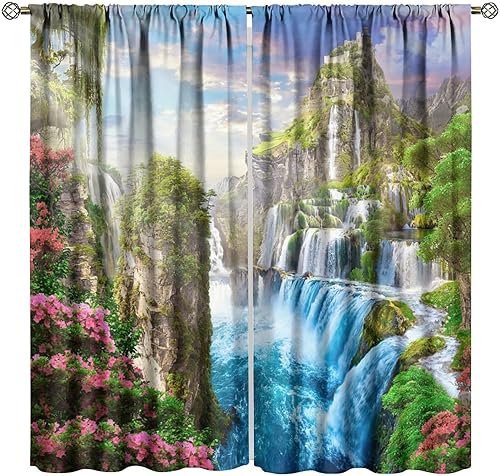 Miniatura 20 de Cortinas de cascada, patrón de paisaje con tema de naturaleza primaveral en bosque, cortinas térmicas opacas para dormitorio y sala de estar, juego