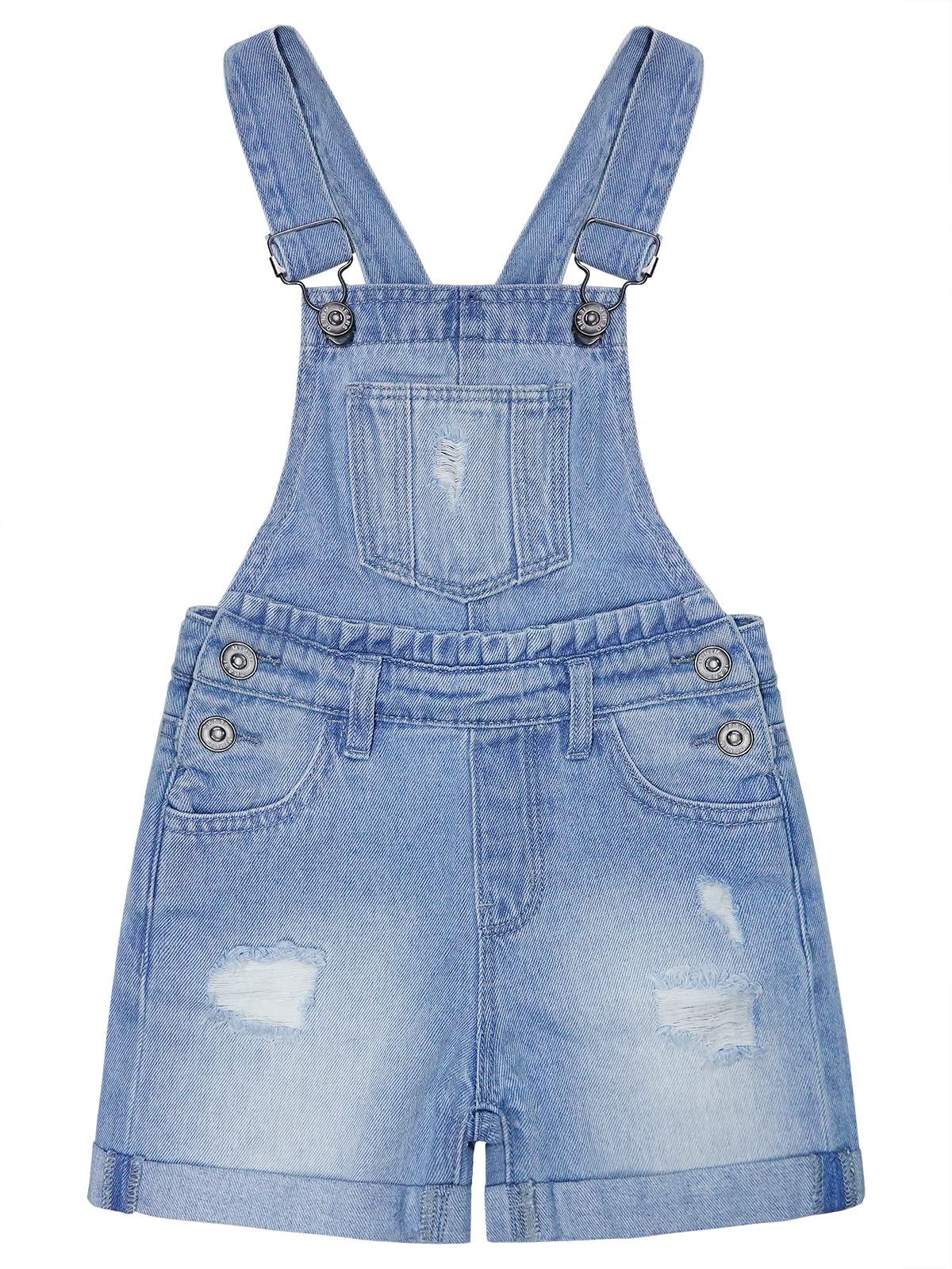 KIDSCOOL SPACE Niedliche Jeans-Shorts für kleine und große Kinder, zerrissener, gefalteter Saum, verstellbare Träger, sommerliche Denim-Shortalls
