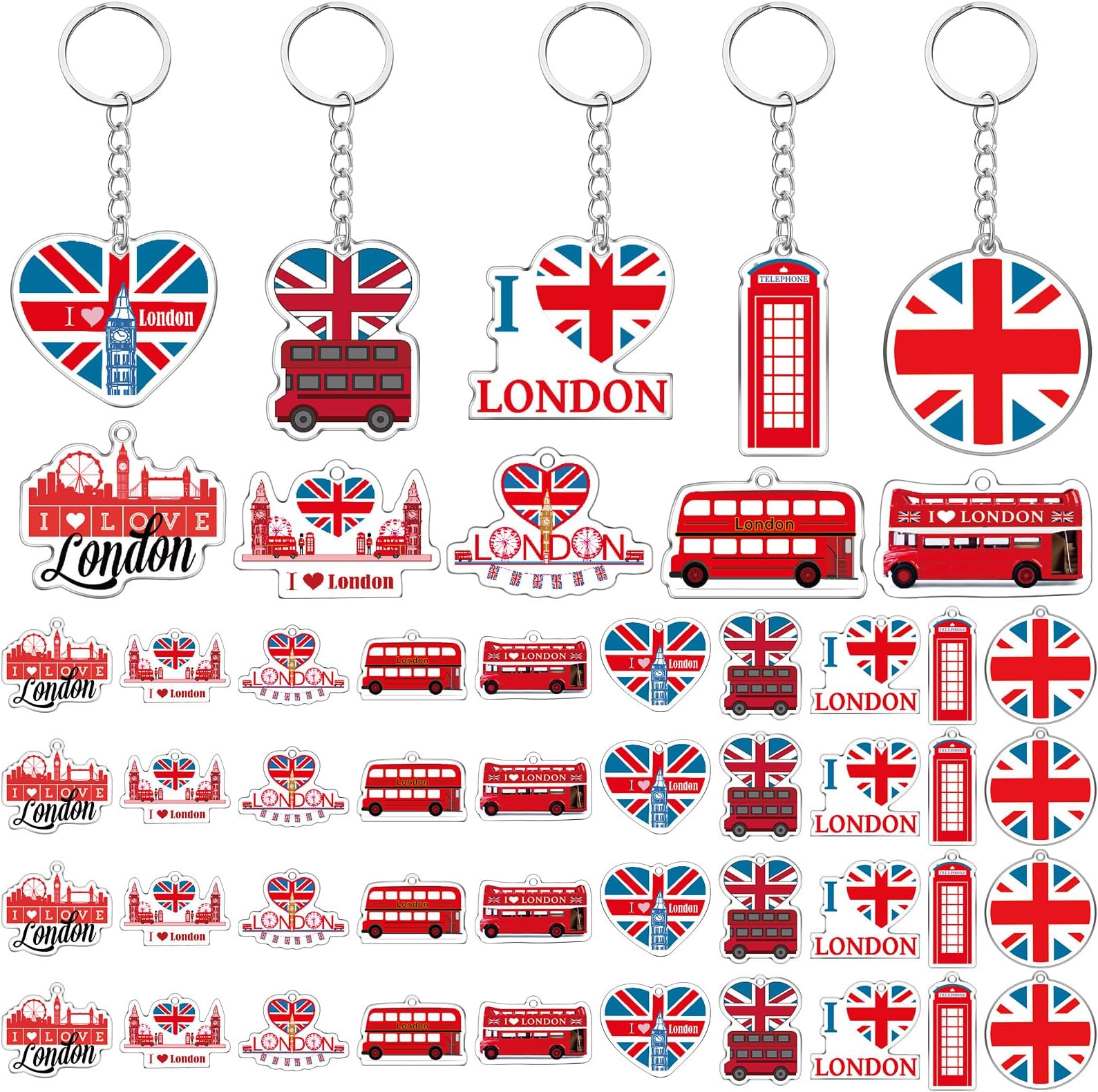 Trnayi 50 Pcs London Souvenirs Acrylic Keychain Gifts Bulk London Keychain Bus Telephone Booth British Flag Travel Souvenirs