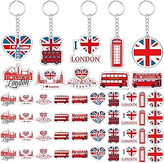50 Pcs London Souvenirs Acrylic Keychain Gifts Bulk London Keychain Bus Telephone Booth British Flag London Travel Gift Souvenirs for Women Men Friends