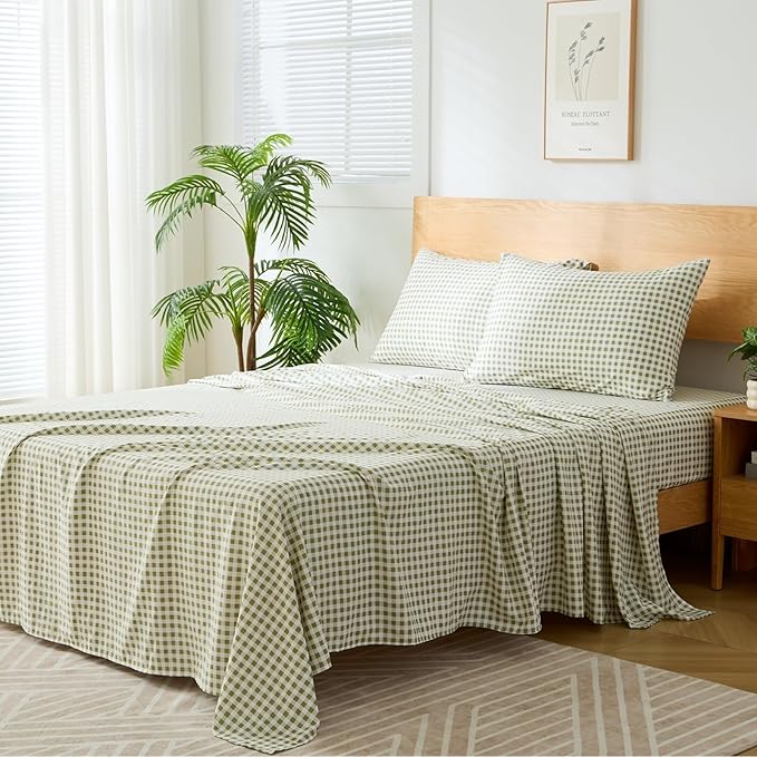 Sage Green Gingham Queen Sheet Set, 4-Piece Soft Brushed Microfiber Bed Sheets - 16" Deep Pocket Fitted Sheet, Wrinkle & Fade Resistant, Hotel Luxury Bedding