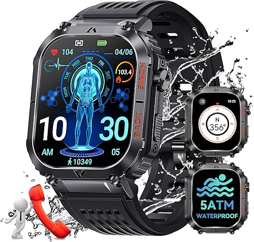 Relojes inteligentes militares impermeables de 5 ATM para hombres, reloj inteligente Android compatible con iPhone 2.02 pulgadas HD táctico