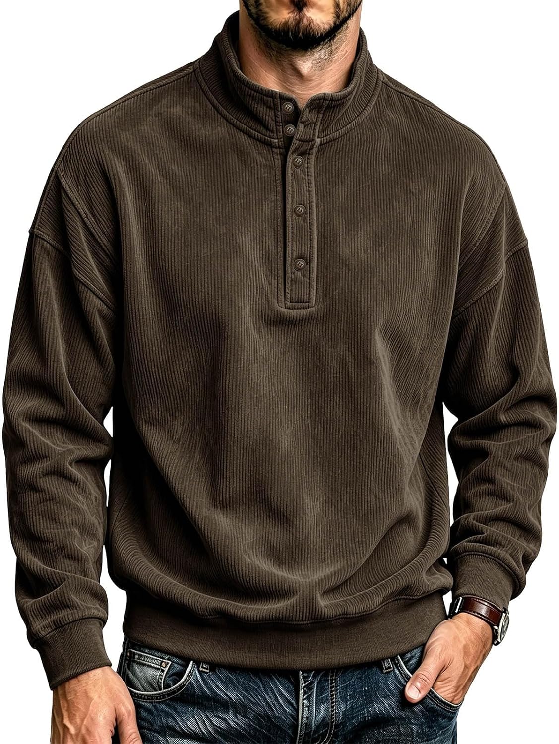 Men's Casual Corduroy Henley Pullover Stand Neck Long Sleeve Shirt