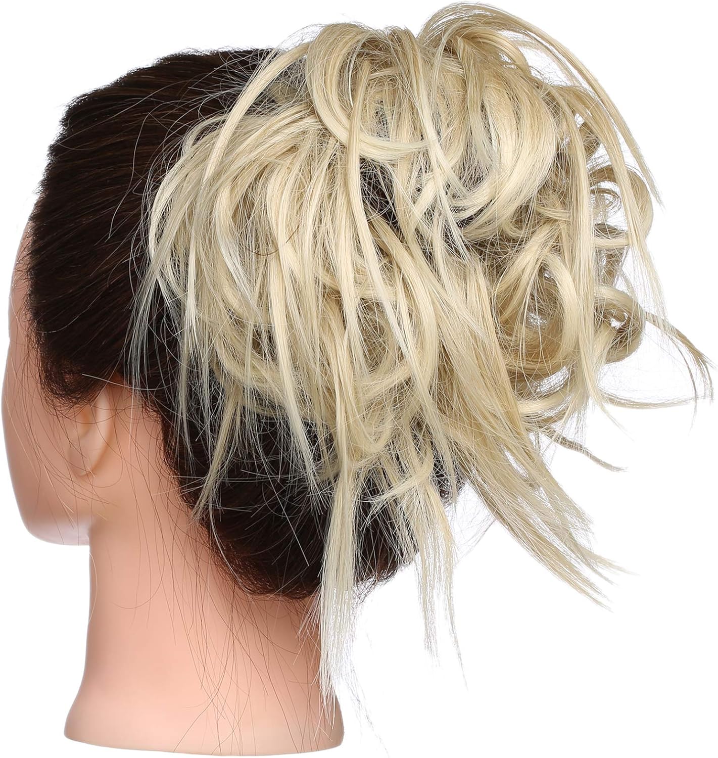 Tousled Updo Messy Bun Hair Piece Scrunchies Hair Synthetic Wavy Bun Extensions Fluffy Updo Scrunchy Chignon with Elastic Rubber Band Wrap on Donut Ponytail Hairpieces Ash Blonde mix Bleach Blonde - Image 5