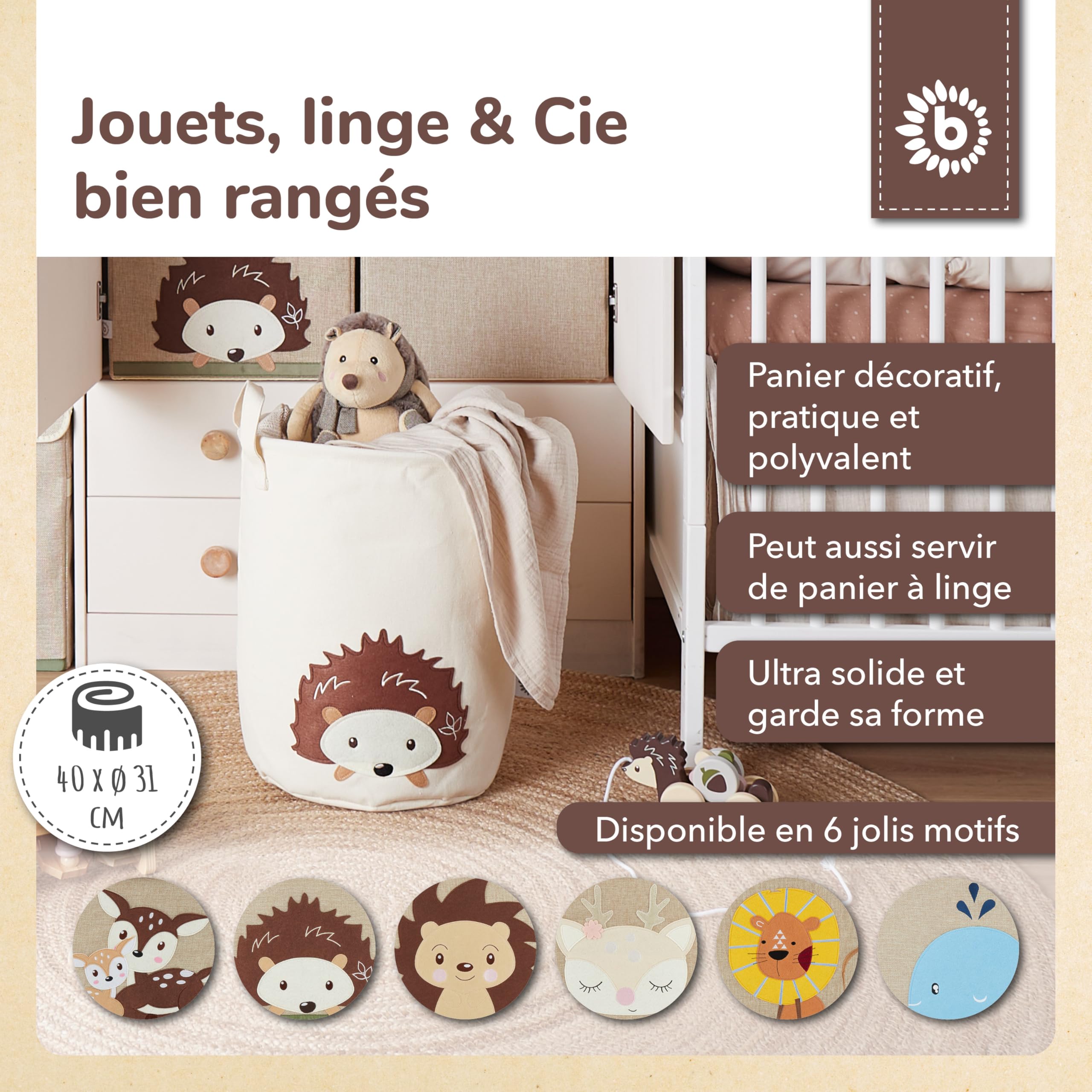 Bieco Panier à linge pour bébé hérisson | Grand panier de rangement pour enfants en coton et imperméable | Rangement pour chambre d'enfant | Panier de jouets pour filles
