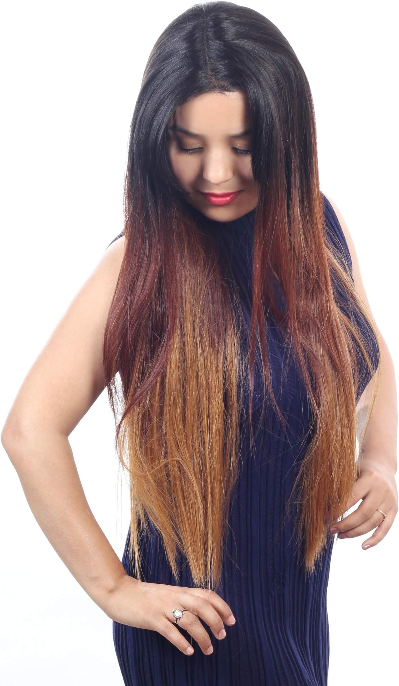 Ritzkart 32 Inch Long Front Lace Brown Golden Hair Ombre straight Wig Heat Resistant Synthetic Hair for Woman - black