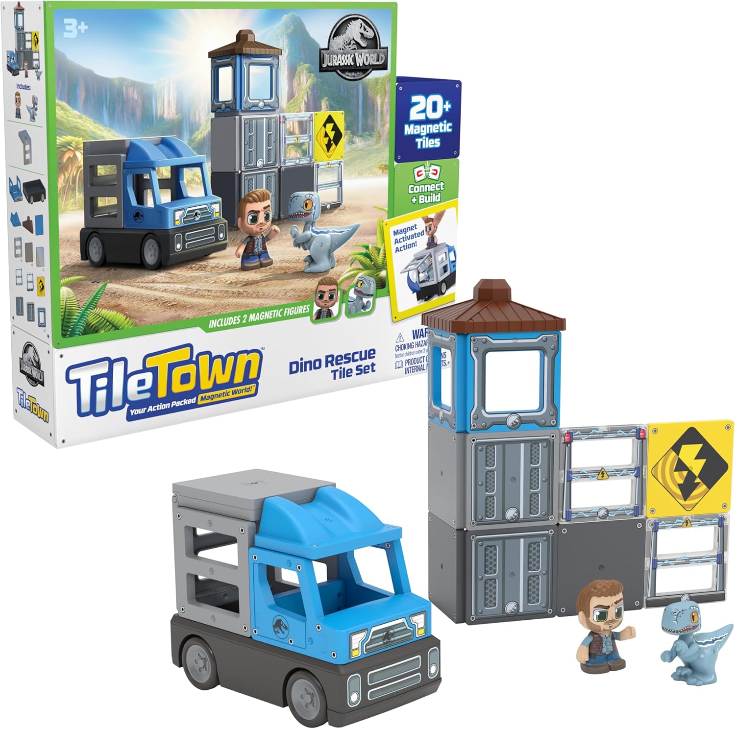 Tile Town Jurassic World Dino Rescue Magnetic Tiles Construction Building Set + Figures + Car, Kids 3-5+, New Action Tiles for Action Play, Realistic Builds, STEM Creative Toy