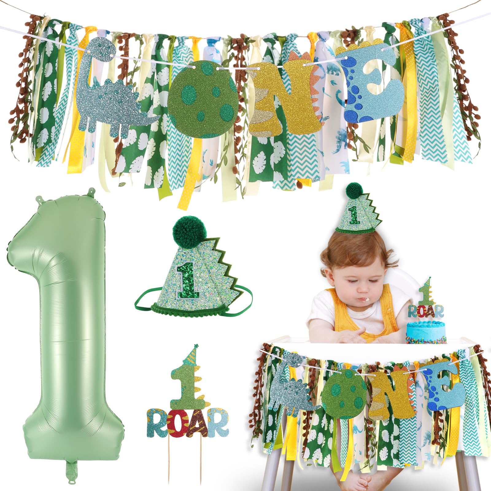 Dinosaur Highchair Banner for First Birthday Party Decorations