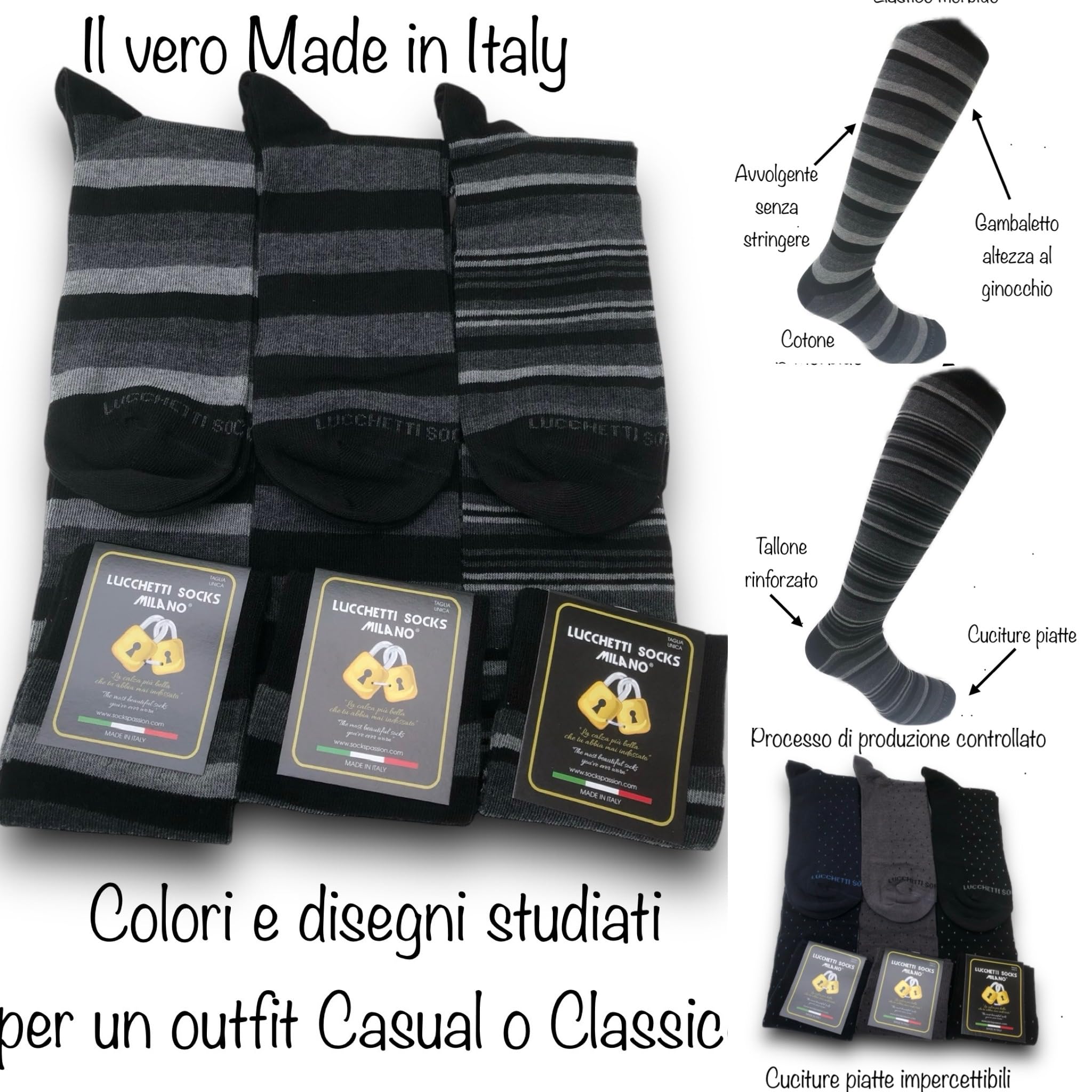 Lucchetti Socks Milano Pudełko na prezent 6 par fantazyjnych skarpet, długie skarpety wyprodukowane we Włoszech, kolorowe zimowe kropki w paski, wygodne
