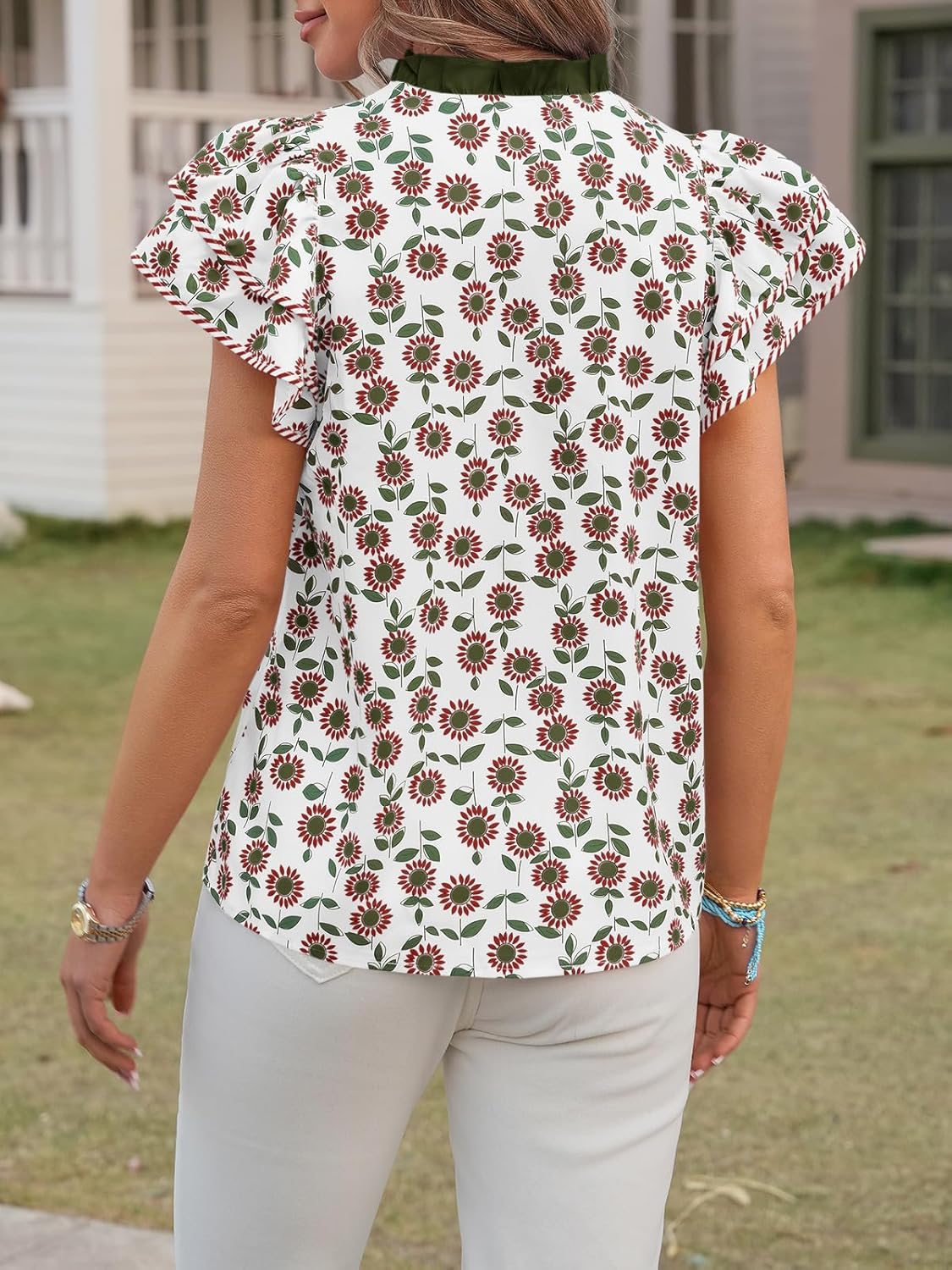 Tankaneo Womens Ruffle Sleeve Floral Blouses Summer Dressy Casual V Neck Tops Loose Fit Pleated Flowy Shirts - Image 5