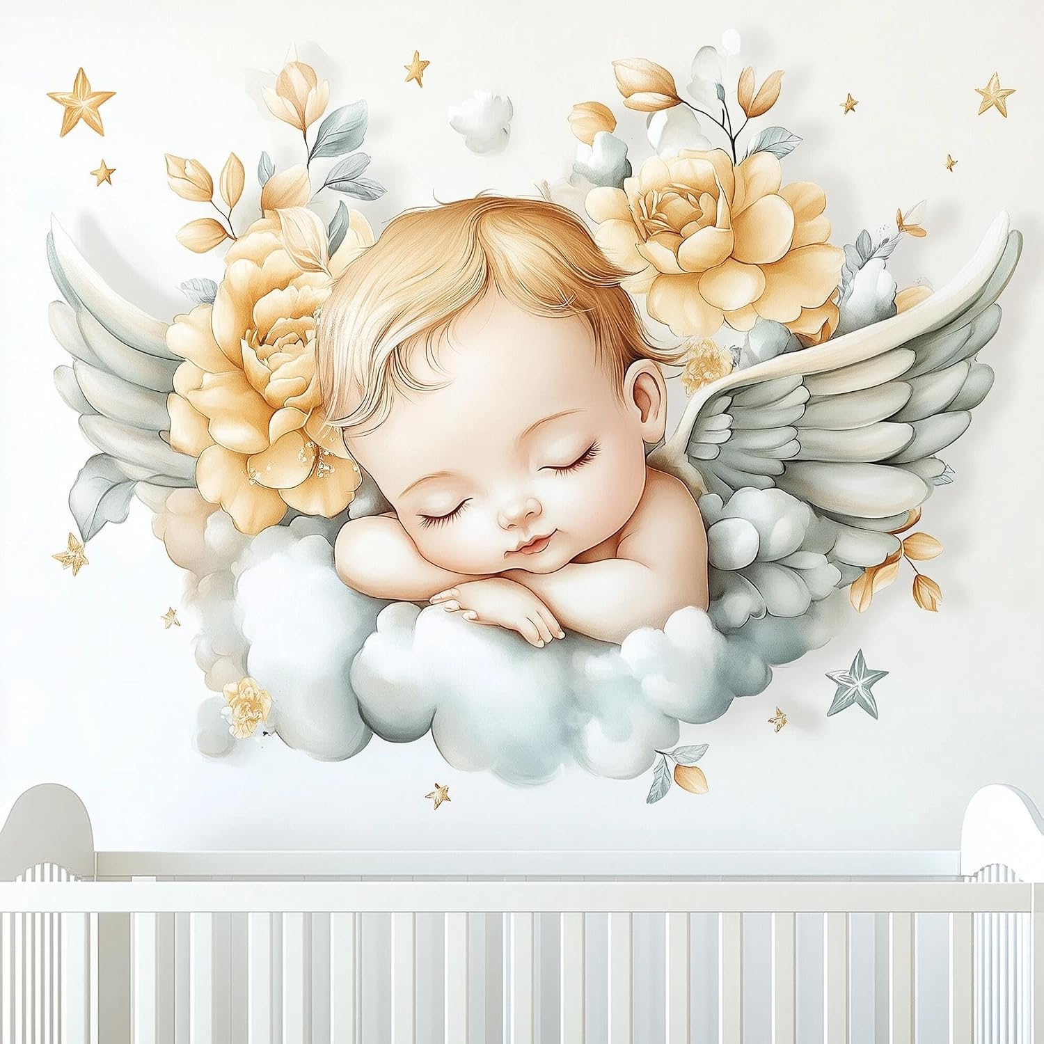 Angel Baby Wall Mural | Nursery Decal with Flowers and Wings | Serene Baby Room Sticker Decor | Removable Vinyl Art