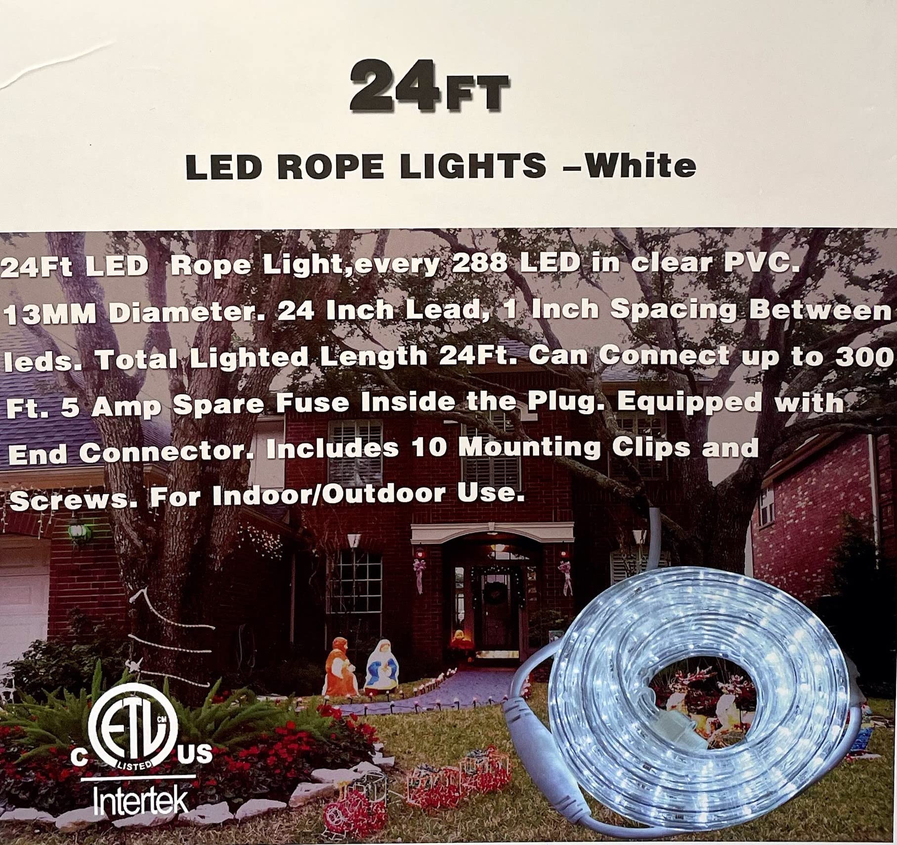 24 FT LED Rope Light, White Color, 288LED in Clear PVC. 13MM Diameter, Indoor & Outdoor use, Christmas, Party, Backyard, Garden, Home Decoration Lights