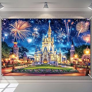 6x4FT Castle Photo Backdrop Golden Dreamy Castle Glitter Colourful Fireworks Girls Party Background Women Wedding Kids Birthday Party Baby Shower Photo Props KUHBDJ278