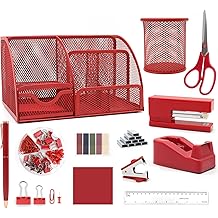 12 in 1 Red Desk Organizers and Accessories, Office Supplies Set Gifts for Coworkers, Office Supplies Include Stapler Pen Holder Tape Holder Staples Scissors Ruler Staple Remover for Home School
