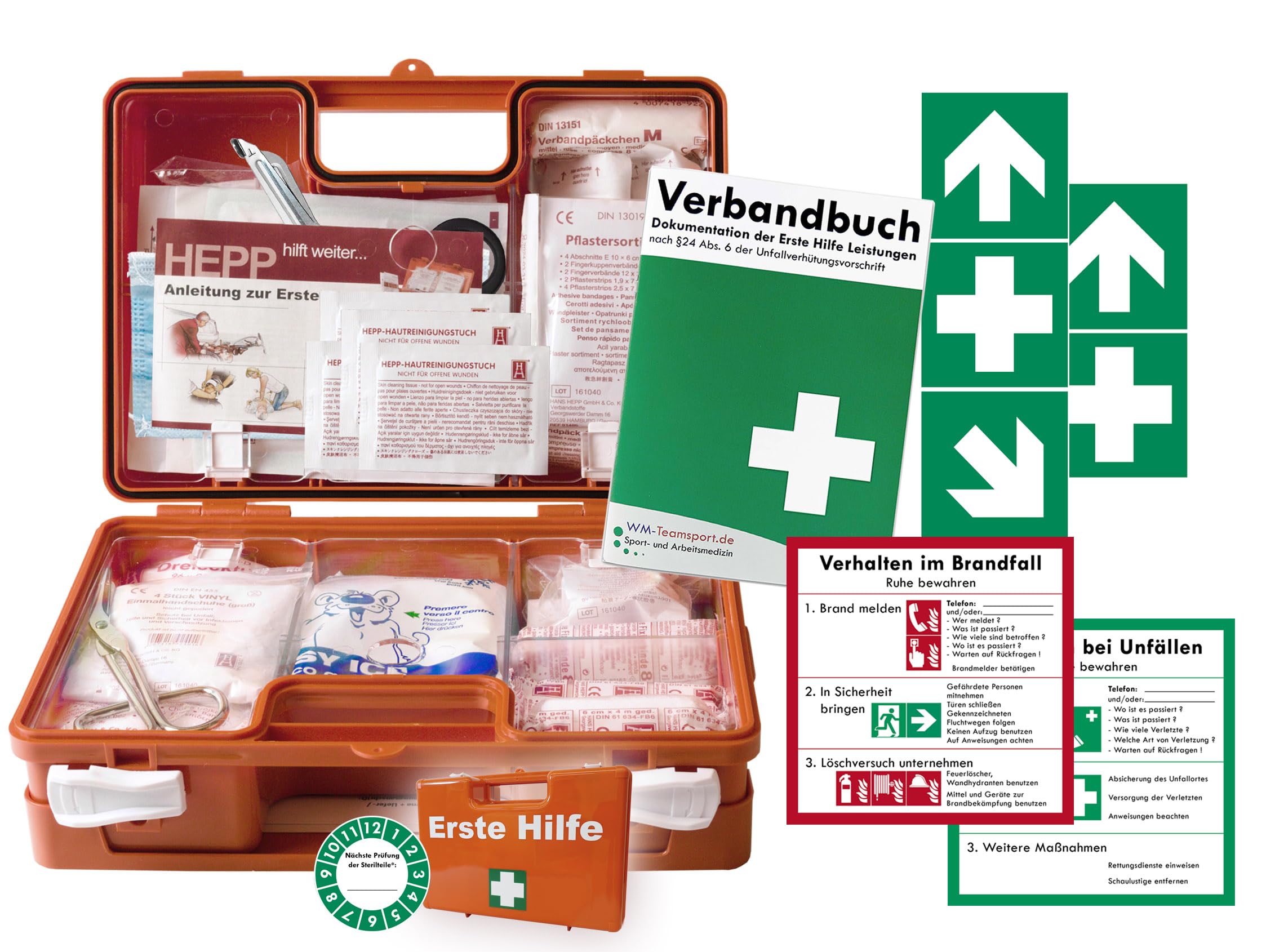 Erste Hilfe Kasten -Paket 1- nach aktueller DIN/EN 13157 für BÜRO & BETRIEBE inkl. DIN/EN 13164 für KFZ - inkl. AUFKLEBER & Verbandbuch (Perforierte Seiten)